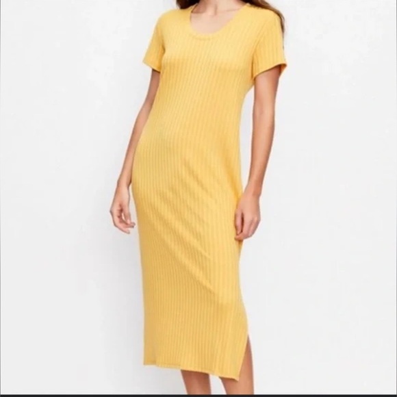 LOFT Dresses & Skirts - Women’s LOFT Beach Ribbed Midi Mustard Yellow Dress Short Sleeve Size Medium